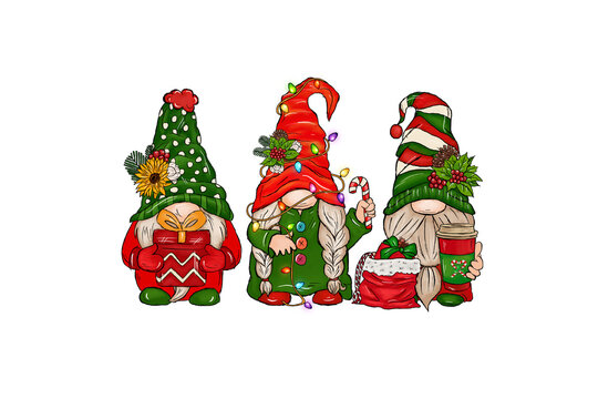 Cute three merry Christmas holiday gnomes holding gifts and pine trees Sublimation Design