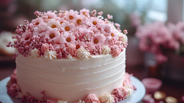 Beautiful sweet birthday cake covered with pink and white sprinkles