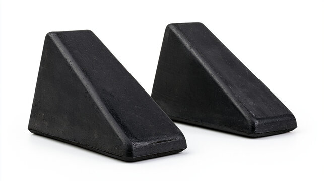 Two black rubber wheel chocks isolated on white background. Essential safety equipment for securing parked vehicles.
