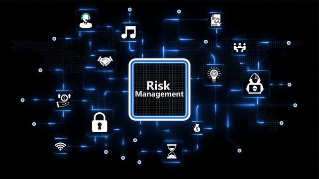 Risk Management strategy theme surrounded by modern corporate icons on glowing blue futuristic digital network nodes over an abstract dark backdrop.