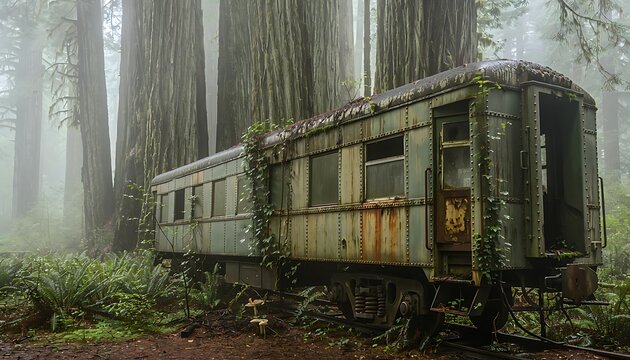 Abandoned vintage train car in misty redwood forest, rusted locomotive carriage overgrown with ivy, eerie atmospheric woodland landscape with fog
