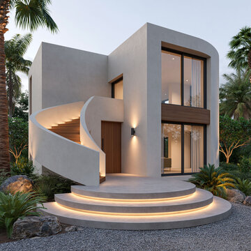 minimalist round house exterior with spiral staircase soft landscape lighting tropical paradise modern architecture large glass doors natural wood finishes ultra realistic premium residential