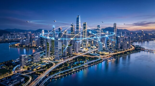 Stunning aerial view of modern shanghai city skylines illuminated at night with skyscrapers reflecting over the huangpu river