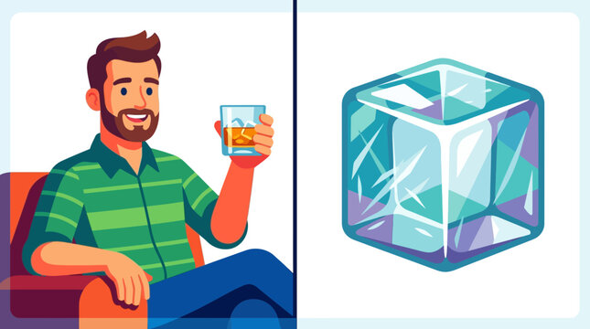 Smiling man sitting holding cold drink and stylized ice cube illustration