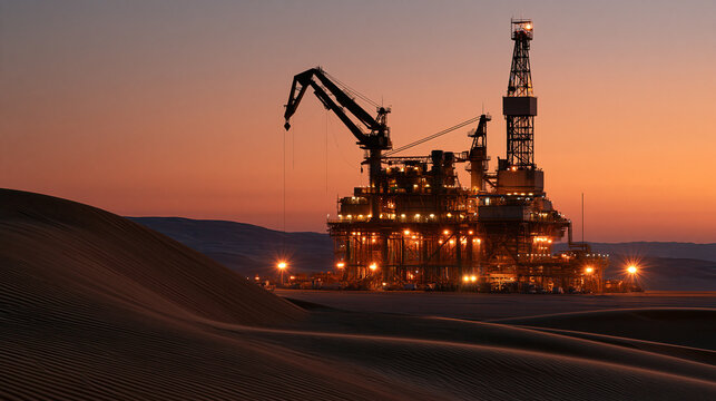 Industrial oil drilling rig at sunset in the desert. Concept of global energy production and resource exploration.