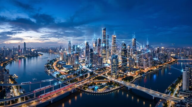 Stunning aerial view of illuminated modern city skylines featuring skyscrapers and river bridges during a vibrant blue hour twilight