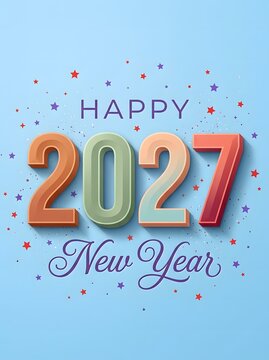 Modern and clean Happy New Year 2027 poster featuring pastel colored 3D numbers, confetti, and stylish typography on a soft light blue background.