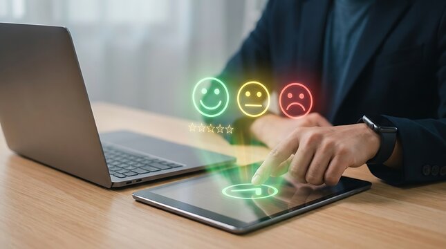 Professional touching a digital tablet interface to submit a client satisfaction score and feedback rating
