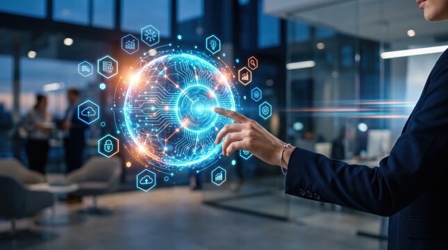Businessman touching digital globe hologram with network icons, global connectivity, corporate technology strategy, futuristic office environment, data management and security