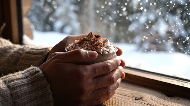 Cozy hands hold whipped cream drink by snowy winter window