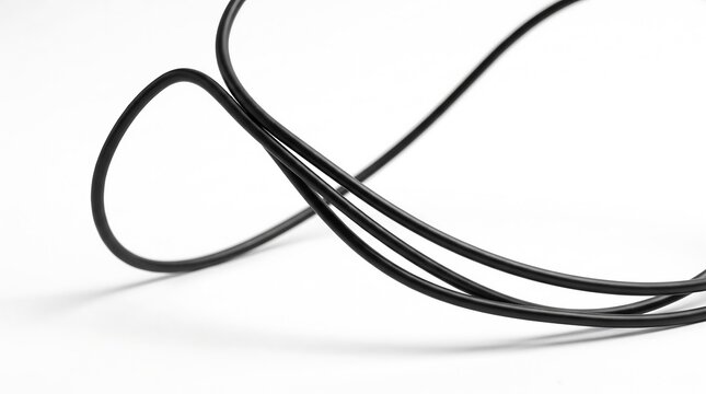 Tangle of random black cords | twisted wire lines | messy cables | minimalist clutter concept | abstract technology details on white background