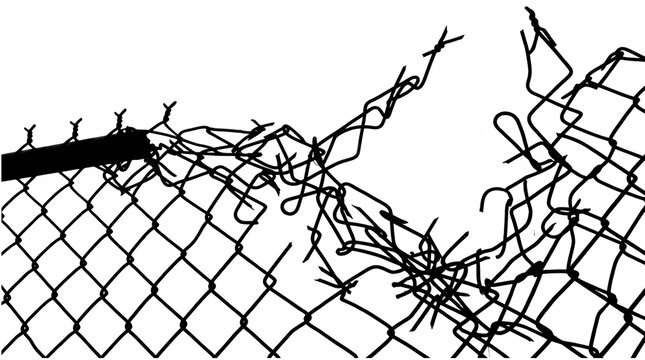 Broken chain link fence silhouette. Damaged wire mesh barrier against a white background.