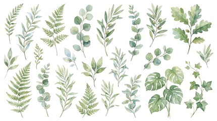 Fototapeta premium Tropical Watercolor Leaves, Vintage Fern and Eucalyptus Vector Set, Green Plant Illustrations, Floral Design Elements for Wedding, Border and Pattern
