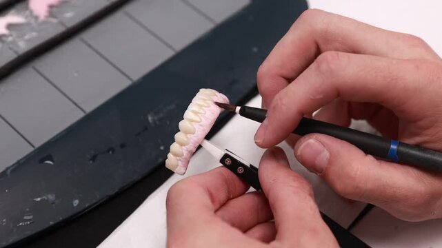 Close-up hands detailing upper denture with brush while holding prosthetic using tweezers on lab workbench, with denture, prosthetic, dental, teeth detail, showing gum, acrylic, brush, tweezer context