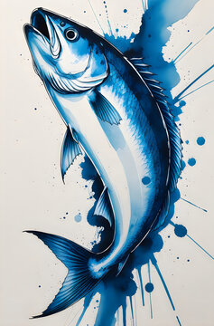 Blue tuna fish jumping in artistic watercolor style illustration