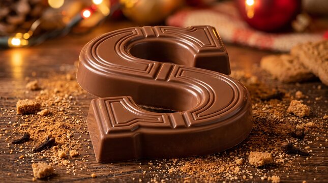 Chocolate letter S on rustic wooden table, traditional Dutch Sinterklaas chocolate treat, festive milk chocolate alphabet candy with crumbs