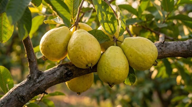 Ripe yellow-green guavas hanging on a tree branch in a sunny tropical orchard.