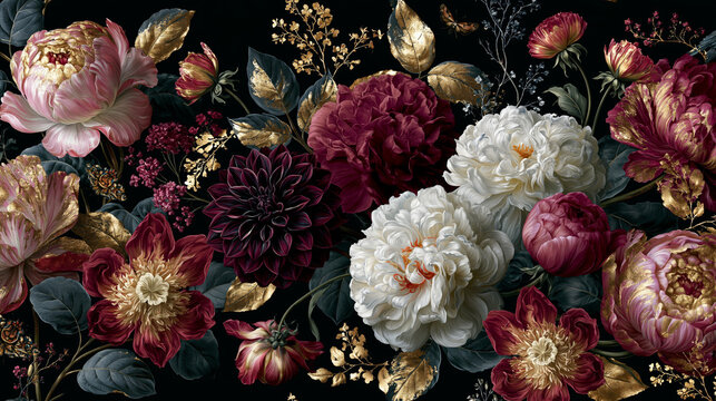 Luxurious dark botanical floral wallpaper with peonies, gold leaves and vintage garden blooms