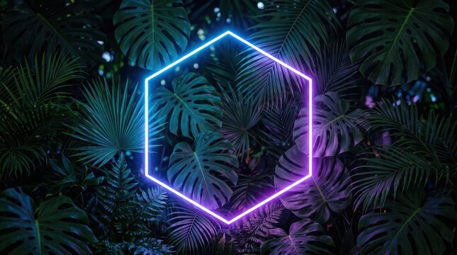 Neon hexagon glowing frame surrounded by lush tropical jungle leaves, monstera and palm foliage in dark night setting with blue and purple lighting effects.
