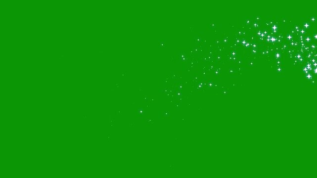Glowing white glitter particles with magic sparkle trail, fairy dust swirl, twinkling stars burst, seamless curved shimmer motion, shiny pixie light transition, transparent green screen 4k animation