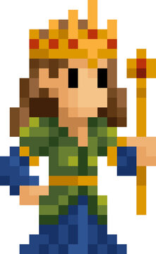 A queen or princess fantasy cartoon character in a video game sprite pixel art style. 16 squares wide by 26 high