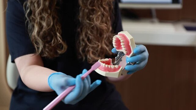 Dental professional demonstrating brushing technique on plastic dental model with gloved hands and pink toothbrush inside bright clinic operatory, focused oral hygiene training scene