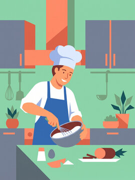 Happy chef baking in kitchen illustration-(Ilustrasi koki bahagia membuat kue di dapur)
