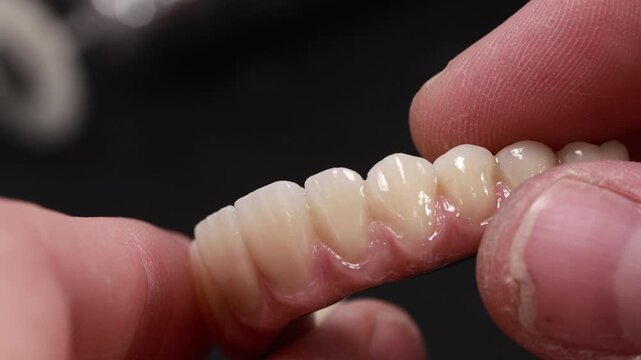 Hands gently adjusting removable denture with glossy front teeth, pink acrylic gum, and polished detail under studio lighting for clinical presentation, with denture, prosthesis, teeth, enamel detail