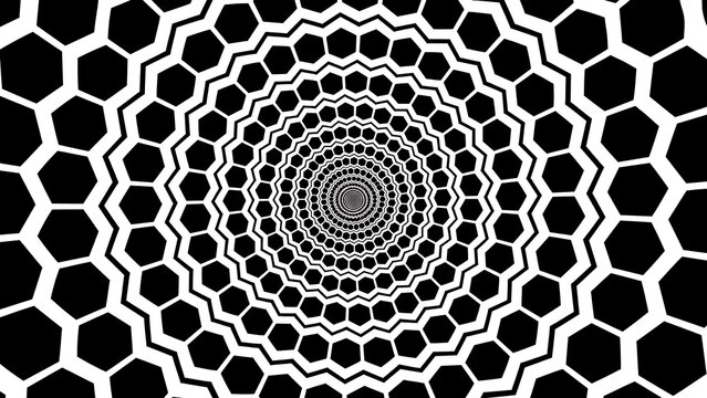 A mesmerizing black-and-white optical illusion featuring concentric rings of hexagons that decrease in size toward a central vortex.