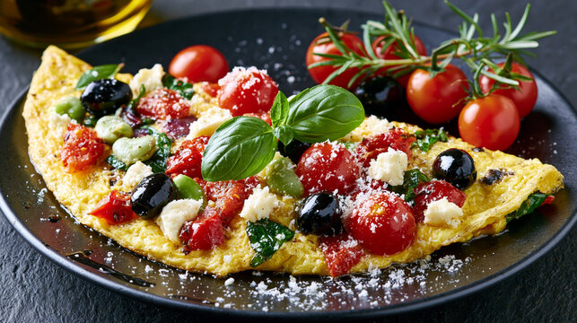 Mediterranean omelette with cherry tomatoes, black olives, feta and fresh basil on a black plate