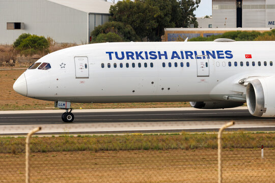 Luqa, Malta - September 29, 2025: Turkish Airlines Boeing 787-9 Dreamliner (REG: TC-LLM) backtracking runway 31 for departure to Istanbul.