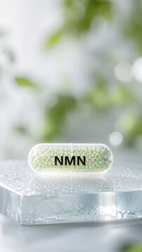 A NMN supplement capsule is placed on a clear, reflective surface. The background shows green hints, suggesting a natural setting. Water droplets can be seen around the capsule