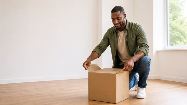 Black man folding moving box flaps in empty apartment