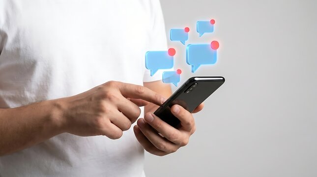 Man using smartphone with floating 3d chat message bubbles and notification dots