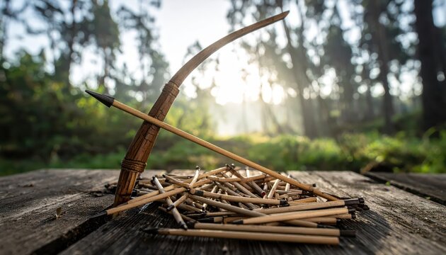 Ancient wooden bow and arrows resting on a weathered wooden surface in a misty forest with sunbeams