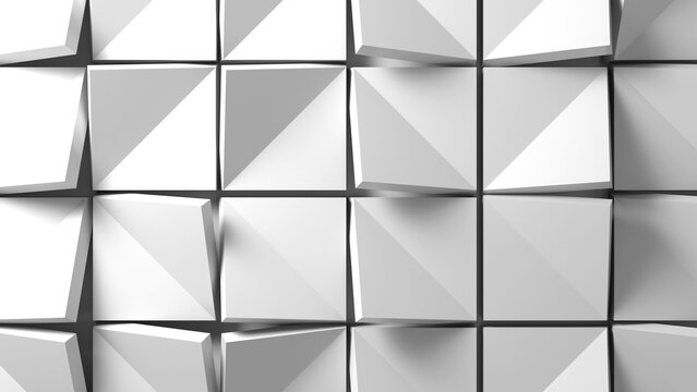 Minimal white blocks arranged in a repeating geometric grid, featuring faceted diagonal surfaces, soft shadows and subtle depth. Clean, modern background abstract. 3d rendering illustration