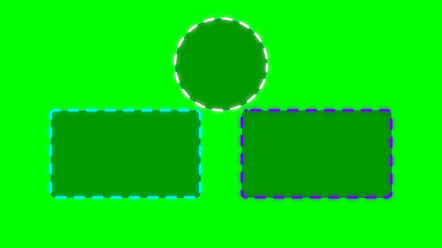 Social media video end screen layout with dashed line placeholders for channel icon and video links on a chroma key green background for editing.