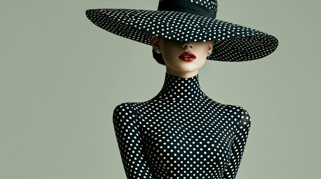 Elegant woman in polka dot dress and wide-brim hat with red lips and vintage glamour