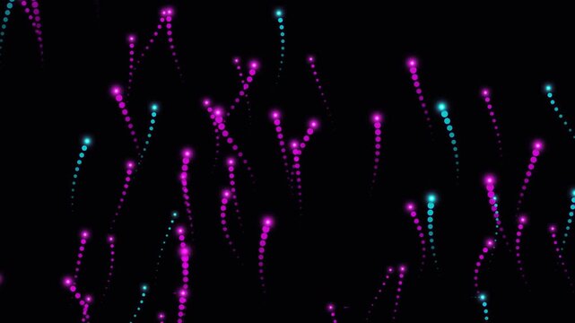 Abstract Futuristic Background with Glowing Pink and Blue Particle Streams, Wavy Dot Lines, and Digital Energy Motion on Black