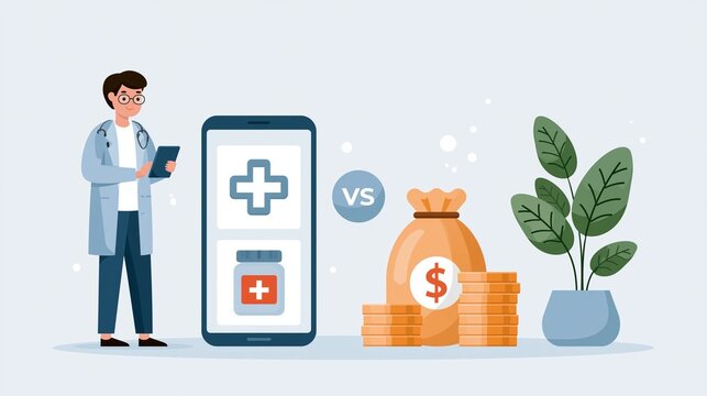 Flat vector social media banner illustrating medical coverage versus financial investment smart money management and healthy living contemporary business graphics clean layout