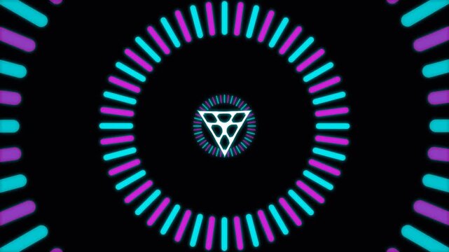 Futuristic Neon Abstract Background with Glowing Pink and Blue Geometric Circles and a Central Triangle Icon on Black