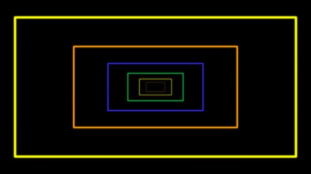 Abstract Vibrant Rainbow Neon Glow Concentric Rectangles Frame on Deep Black Background for Modern Video Graphics