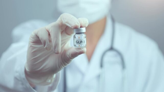 Professional doctor wearing protective glove and mask holds injection vial for clinical medical weight management treatment program
