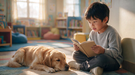 Fototapeta na wymiar Adopted pets are protectors and friends, a poster of a native American boy reading a book aloud to his retriever, copy space about a dog therapist and school adaptation assistant