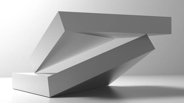 Abstract white geometric installation is in an empty studio room under natural illumination with soft shadows, minimalist background, 3d rendering illustration
