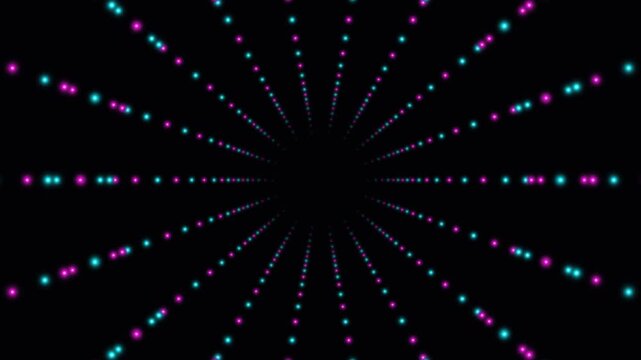 Abstract neon pink and blue glowing dots forming a radial tunnel or portal on black background, futuristic technology and data flow concept background.