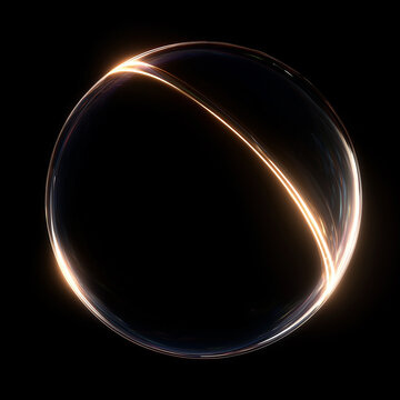 Glowing transparent glass sphere with golden light streak. Abstract spherical bubble on black background. Futuristic geometric 3D object concept
