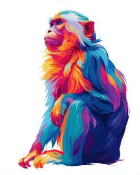 Vibrant colorful monkey portrait pop art style digital painting isolated on white background, wild macaque primate colorful rainbow splash art illustration, modern wildlife animal poster