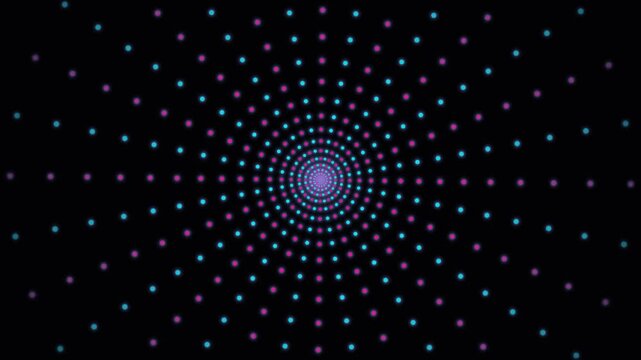 Abstract Futuristic Tunnel Background with Concentric Cyan and Pink Glowing Dots Forming a Radial Geometric Pattern on Black