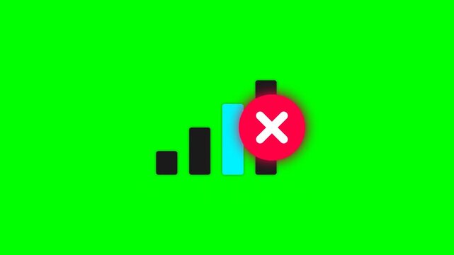 No Signal Network Strength Bars Icon with Red Cross and Searching for Connection Text on Chroma Key Green Screen Background for Video Editing